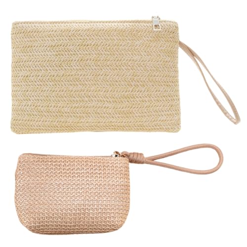 2 Stück Damen Stroh Clutch Bag, Boho-Stil, Sommer-Strandtasche, Reißverschluss-Geldbörse, für Frauen Mädchen, Khaki von KZAQW