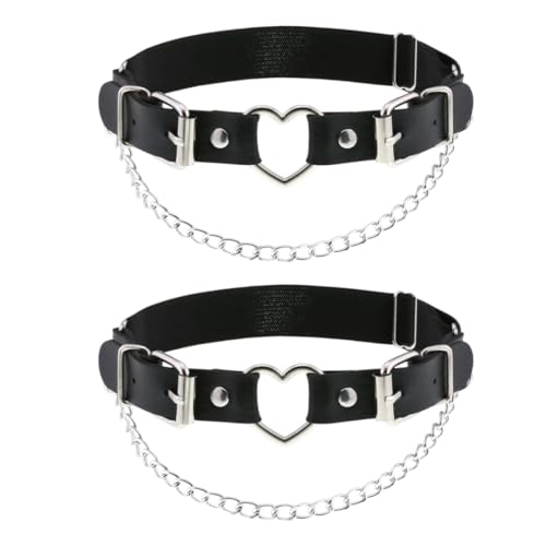 2 Stück Leder Bein Strumpfband Damen, Leder Bein Strumpfband Schwarz, Gothic Herz Strumpfhalter, Verstellbar, Halloween Rave Karneval Cosplay Party Zubehör von KZAQW