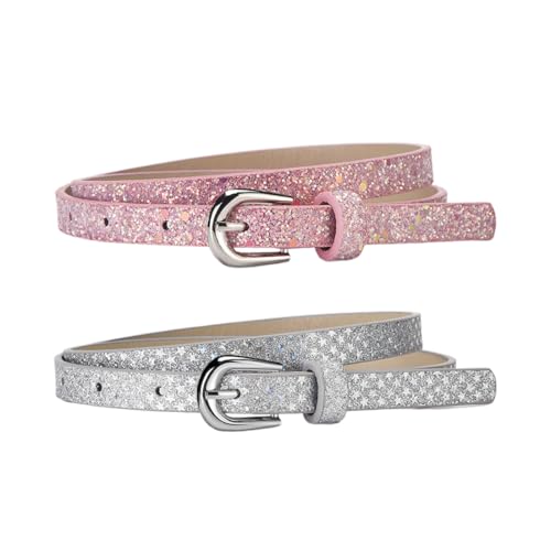 2er Pack dünner Gürtel für Mädchen, Kinder Skinny Gürtel Glitter PU Ledergürtel für Mädchen Bunte Mädchen Gürtel mit Goldschnalle für Jeans Kleid von KZAQW