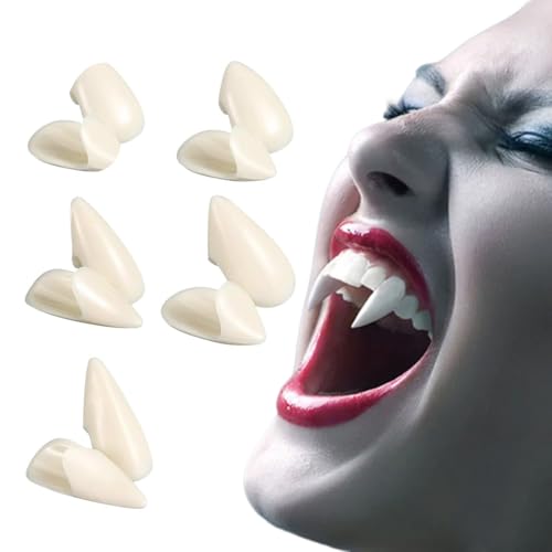 5 Pairs Vampir Zähne Kit, 5 Größen, Gefälscht Zähne mit Pellets Kleber, für Party Cosplay, Halloween, Demon, Witch von KZAQW