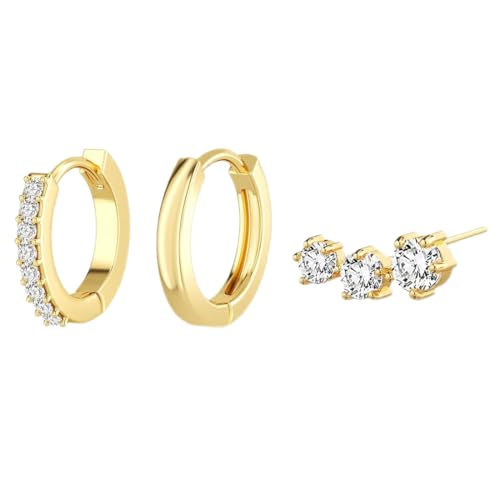 Gold Ohrringe Set Damen 3 Stück Vergoldete Silber 925 Klein Creolen Ohrstecker Hängend Ohrringe mit Zirkonia Wasserfest Hypoallergen Goldene Stecker Mehrere Piercings Schmuck für Frauen von KZAQW