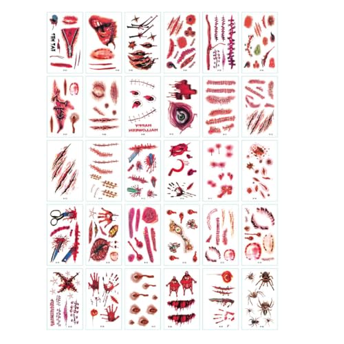 Halloween Tattoo Gesicht, Gesichtstattoo Karneval, 30 Blatt Horror Narben Wunden Spinnen Gruselig Tattoo Gesicht, Gruselig Make up Requisiten von KZAQW