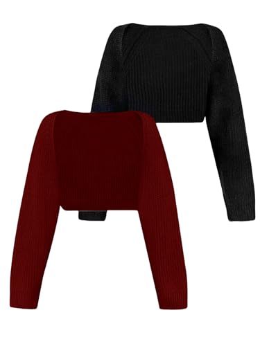 Bolero Damen,2 Stück Bolero Shrug Langärmelig Strickschal Strickjacke Vorne Offen Pullover Lässig Elegant Kurze Jacken Überzug für Abendkleid Frühlings und Sommeroberteile Schwarz + Rot Größe S von KZKZXA