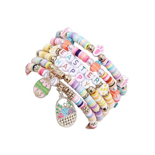 KZL Frohe Ostern Armbänder Urlaub Heishi Surfer Perlen Stretch Armbänder Set für Frauen Niedliche Ostereier Kaninchen Häschen Karotte Emaille Charm Armbänder Festival Party Schmuck Geschenke Stil 6 von KZL