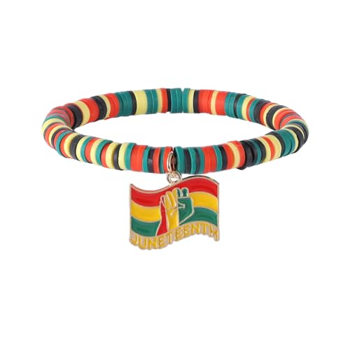 KZL Holiday Heishi Surfer-Armband für Damen und Herren, Juni, Polymer-Ton, Perlen, Stretch-Armband, schwarze Geschichte, afrikanische Power-Faust, Afrika, Karte, Flagge, Charm-Armbänder, Boho, Sommer von KZL