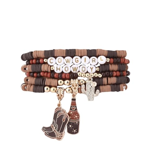 KZL Surfer-Heishi-Armband-Set für Damen, Western-Cowgirl-Perlen, Stretch-Armband, Bohemian-Hut, Stiefel, Bierflasche, Discokugel, stapelbare Charm-Armbänder, Sommer, Strandschmuck, 4.8cm, Vinyl, Achat von KZL