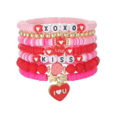 KZL Urlaubs-Heishi-Surfer-Armband-Set für Damen, Valentinstag, Perlen, Stretch-Armbänder, Liebesherz, stapelbare Charm-Armbänder, Goldperlen, Polymerton, stapelbare Armbänder, Party, Y2k-Schmuck von KZL