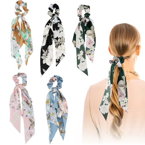5 Stück Satin Bowknot Haar Scrunchies Floral Haarband Elastische Haarbänder Haar Schal Scrunchies Pferdeschwanz Halter Haarschmuck Vintage Blumenmuster Halter Scrunchy Haargummis für Frauen Mädchen von KZNKZN