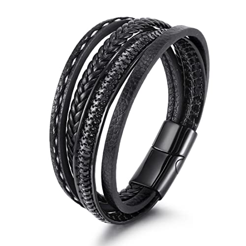 21cm Geschenke für Männer Herren Armband Leder Armreif schwarz Lederband, geflochten Echtleder Breites Lerderarmband Wickelarmband mit Magnet Verschluss,Tolles Geschenk für Männer von KZTHA