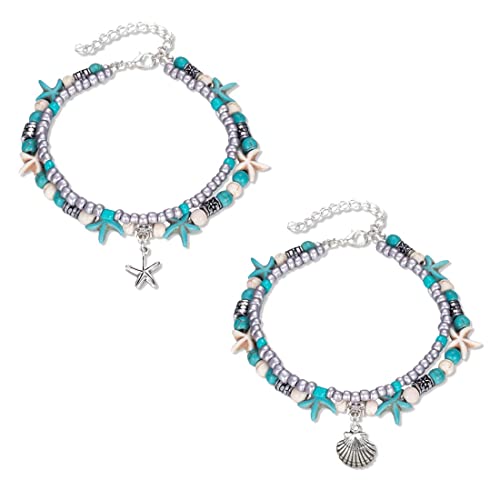 KZTHA 2 Stück Doppel-Fußkettchen im Boho-Stil aus Silber und mit Muscheln Seestern Knöchel-Armbänder geschichtet und verwoben Fußketten für Damen und Mädchen von KZTHA