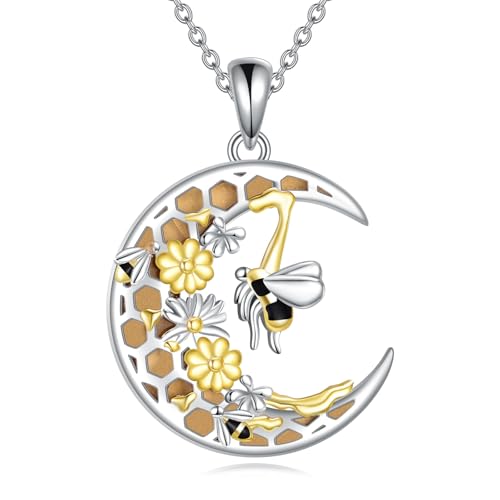 KZX Biene Halskette Sterling Silber Mondsichel Wabe Halskette Biene Bernstein Anhänger Halskette Blumenschmuck Geschenke für Frauen Mädchen von KZX