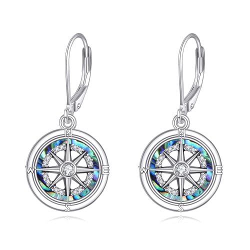 KZX 925 Sterling Silber Ohrringe Kompass Abalone Tropfen Zirkonia Creolen Elegante Ohrringe Kompass Silber Creolen für Frauen Ehefrau Freundin Geburtstag Abschlussgeschenk von KZX