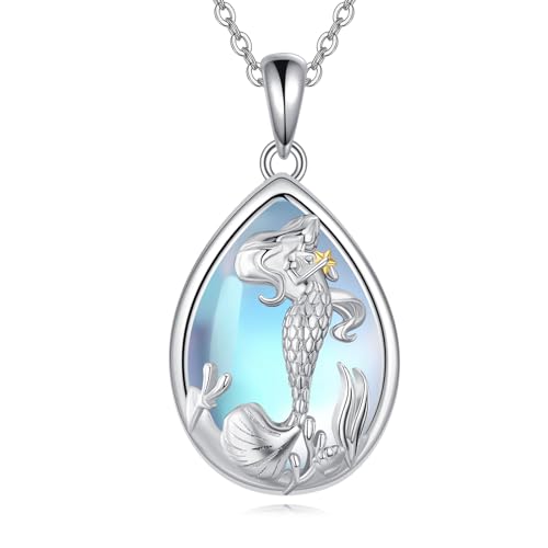 KZX Meerjungfrau Halskette Sterling Silber Meerjungfrau Schmuck Meerjungfrau Mondsteinschmuck Geschenke für Frauen Mädchen von KZX