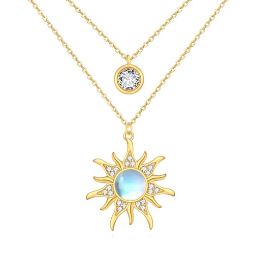 KZX Mondstein Sun Layered Necklace Double Sun Halskette 925 Sterling Silber Sun Anhänger Gold Plated Sun Layered Jewelry Geschenke für Frauen Mädchen Muttertag von KZX