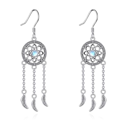 KZX Traumfänger Ohrringe 925 Sterling Silber Mondstein Vintage böhmischen Traumfänger Feder baumeln Ohrringe für Frauen Mädchen von KZX