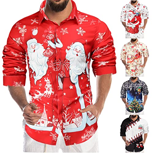 KZXITIRY Herren Weihnachtshemd Herren Weihnachten Muster Freizeithemd Revers Hemd Button Down T-Shirts Langarmshirts Blumenhemd Langärm Slim Fit Stehkragen Xmas Kostümhemd Für Festival Party M-4XL von KZXITIRY