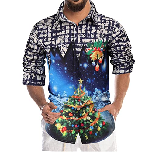 KZXITIRY Herren Weihnachtshemd Herren Weihnachten Muster Freizeithemd Revers Hemd Button Down T-Shirts Langarmshirts Blumenhemd Langärm Slim Fit Stehkragen Xmas Kostümhemd Für Festival Party M-4XL von KZXITIRY