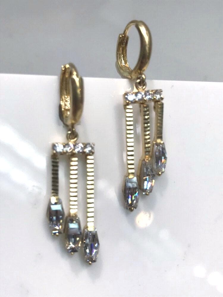 14K Gelbgold Baumelnde Cz Ohrringe, Kronleuchter-Ohrringe, Hängende Gelbgold Ohrringe von KaLaiWong