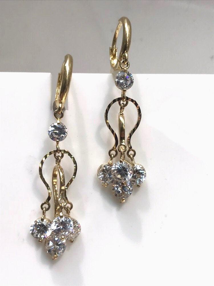 14K Gelbgold Baumelnde Cz Ohrringe, Kronleuchter-Ohrringe, Hängende Gelbgold Ohrringe von KaLaiWong