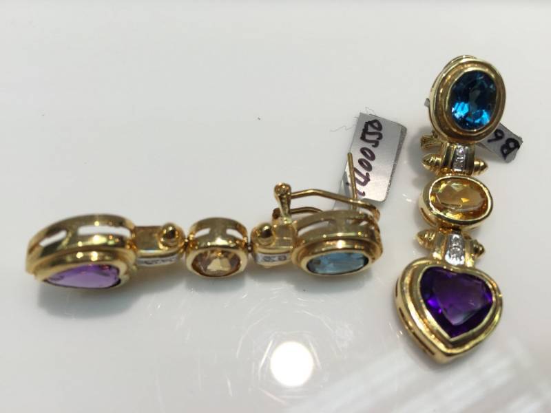 14K Gelbgold Baumelnde Diamant - Und Halbedelsteinohrringe, Handgemachte Farbsteinohrringe Aus Gold, Regenbogenohrringe Gold von KaLaiWong