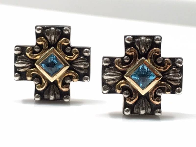 Handgemachte Vintage Blautopas Ohrringe Aus Silber Und Gelbgold, Statement Mit Gold, Dezember Geburtsstein von KaLaiWong