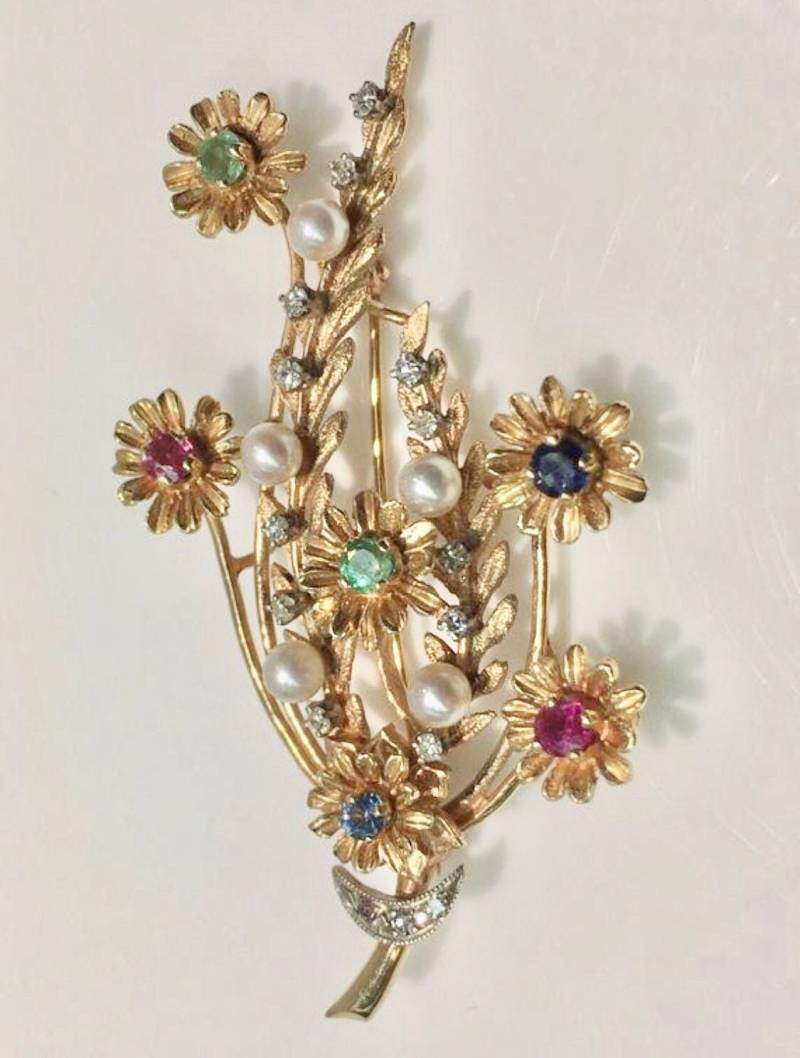Vintage Diamant, Perle Und Edelstein Pin in 14K Gold von KaLaiWong