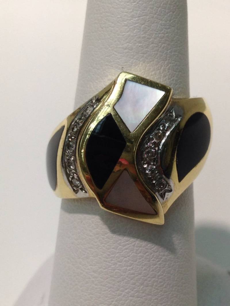 Vintage Gold, Onyx Und Perlmutt Ring, Ring in 14K, Gelbgold von KaLaiWong