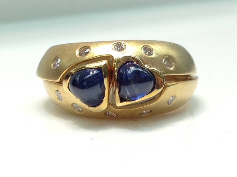 Vintage Saphir Und Diamant Ring Set in 14K Gelbgold, Herz Cabochon Saphire Mit Diamanten Im Ring, Diamant von KaLaiWong