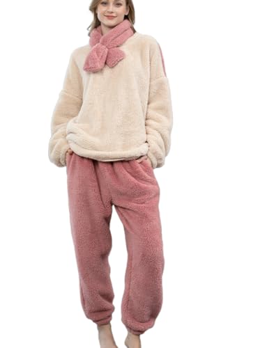 KaRFRi Damen-Winter-warmes Flanell-Pyjama-Set mit Langen Ärmeln und Langen Hosen, zweiteiliges Schal-Set, Rundhals-Flanell-Freizeitanzug, Polar-Pyjama, Polar-Fleece-Heimkleidung(M, Beige) von KaRFRi