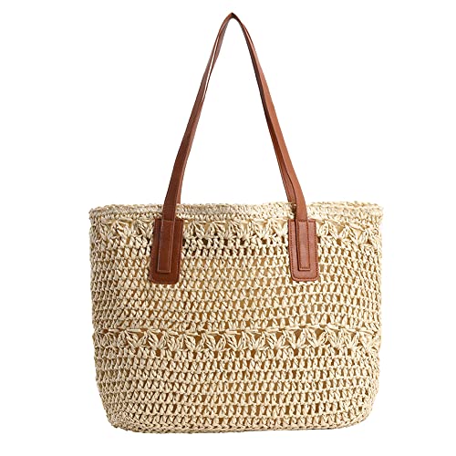 KaTiak Stroh Umhängetasche for Frauen, große Strohtaschen Weben handgemachte Griff Einkaufstasche Sommer Strand Stroh Handtaschen Boho Umhängetasche (Color : 06beige) von KaTiak