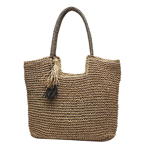 KaTiak Stroh Umhängetasche for Frauen, große Strohtaschen Weben handgemachte Griff Einkaufstasche Sommer Strand Stroh Handtaschen Boho Umhängetasche (Color : 07e Camel) von KaTiak