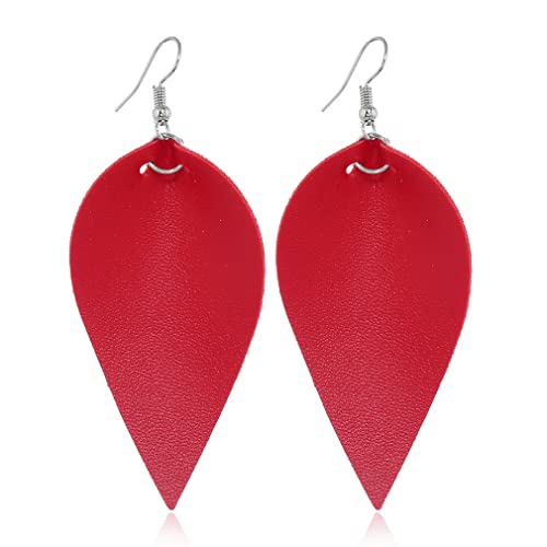 Ohrringe, Persönlichkeit, Fischhaken-Ohrring, Blattform, PU-Leder, Anhänger, Tropfen-Ohrhänger, Damen- und Mädchen-Ohrschmuck (Color : Red) von KaTiak