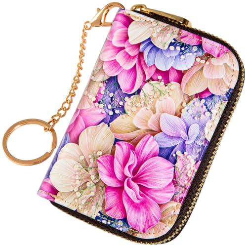 Kaabao Kreditkartenetui, RFID-blockierende Geldbörse für Damen, kleine schlanke Ledergeldbörsen mit Schlüsselanhänger, Reißverschluss, Visitenkartenetui, Eine rosafarbene romantische Blume, Small, von Kaabao