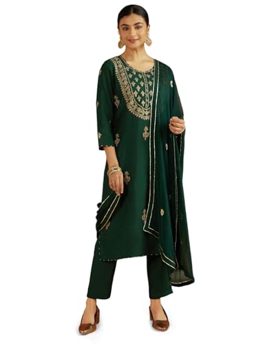Kaari Damen besticktes Kurta Set mit Dupatta - gerade Passform | Seidenmischgewebe mit Zari Stickerei | Gota Patti Arbeit Baumwolle Dupatta | Kurta Set für Frauen, Königlicher Smaragd, S von Kaari