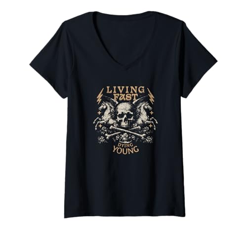 Damen Living Fast Dying Young Skull Rock Metal T-Shirt mit V-Ausschnitt Damen Living Fast Dying Young Skull Rock Metal T-Shirt mit V-Ausschnitt von KabelDesign