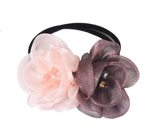 Kabelife Blumen-Haarschleifen Damen Mädchen Haargummis mit Strass Elastisches Haargummi dehnbares Gummi-Haarband Srunchies Pferdeschwanz-Halter Haar Seile (Pink-Kaffee) von Kabelife