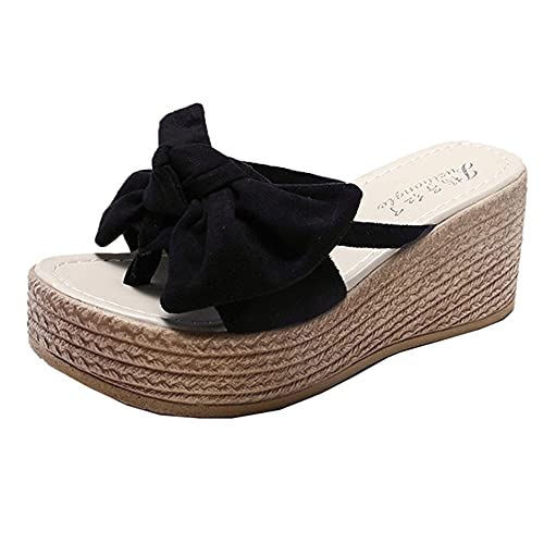 Kabelife Damen Keilabsatz Sandalen mit Schleife High Heels Wedges Strandsandalen Plateau Pantoletten Freizeit Sommerschuhe (Schwarz, numeric_38) von Kabelife
