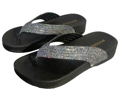 Kabelife Damen Keilabsatz Zehentrenner mit Strass Sandalen Flip Flops Mode Komfort Sand Strand Urlaub Pools Sommer Freizeitschuhe （EU36/Label 37, Schwarz） von Kabelife