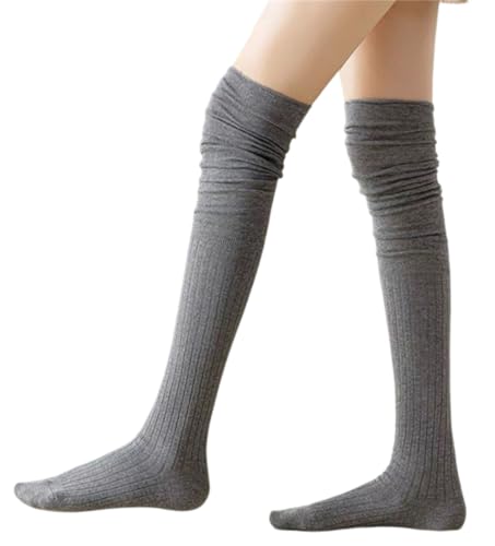 Kabelife Damen Mädchen Overknee Strümpfe Überknie Kniestrümpfe Baumwolle Strümpfe Lange Gestrickte Socken Oberschenkelhohe Socken (Grau) von Kabelife