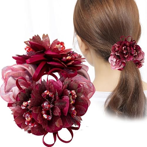 Kabelife Elastisches Haargummis Damen Blumen mit Strass Haarband Gummibänder Haargummi Srunchies Pferdeschwanz-Halter Haar Seile Elegant Haarschmuck (Weinrot) von Kabelife