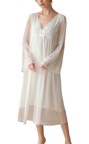 Kabelife Elegant Damen Nachthemd Langarm Spitze Schlafkleid Süß Prinzessin Nachtkleid Viktorianischer Stil Nachtwäsche (Weiß, 30-32) von Kabelife