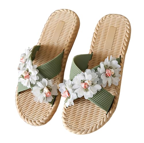 Kabelife Pantoletten mit Blume Flache Sandalen Damen Sommerschuhe Offener Zeh Strandschuhe Slipper Outdoorschuhe（37-38 EU/Label 38/39,Grün） von Kabelife