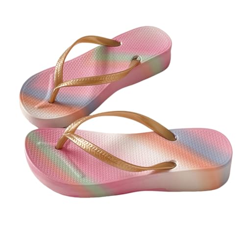 Kabelife Regenbogen Flip Flops Damen Keilabsatz Zehentrenner Sandalen Sommer Mode Freizeitschuhe Badelatschen Strandschuhe von Kabelife