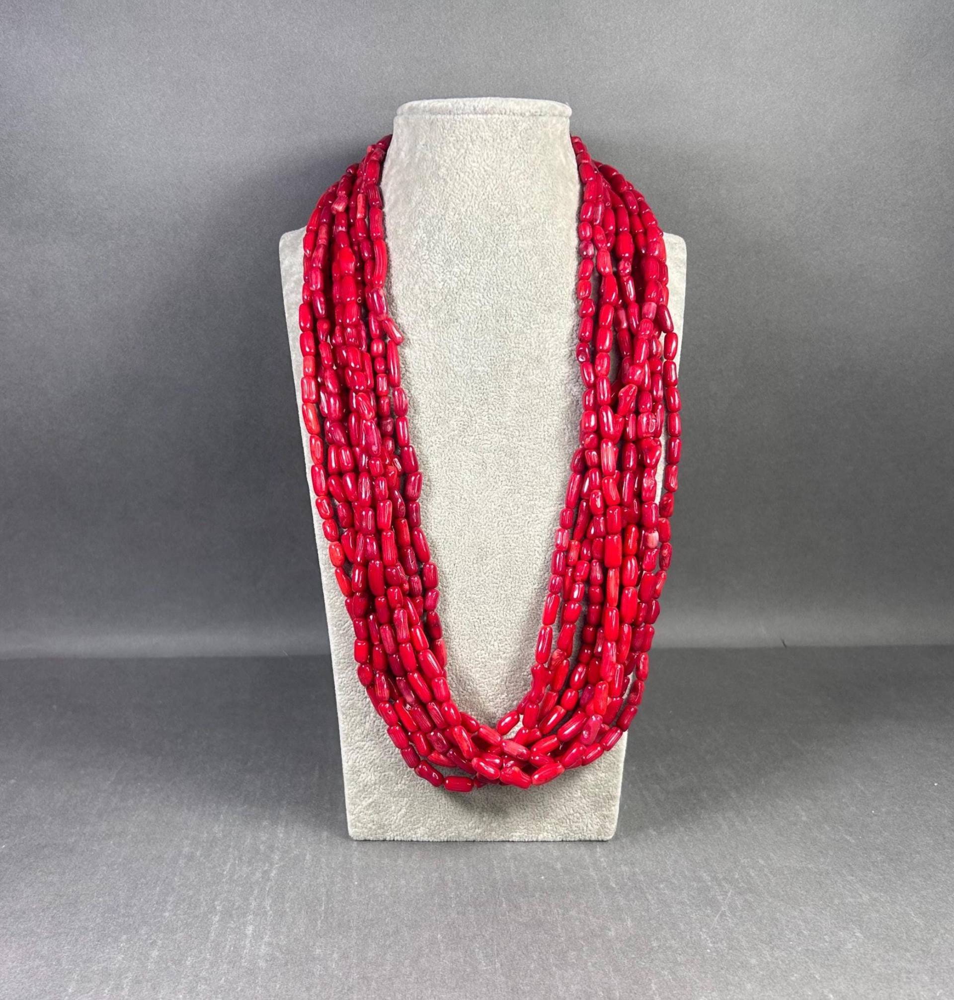 Vintage Luc 925 China Markierte 10-Reihige Korallenperlenkette Mit Roten Bamboo Korallenperlen . 60 cm Lang von KabinettBerlin
