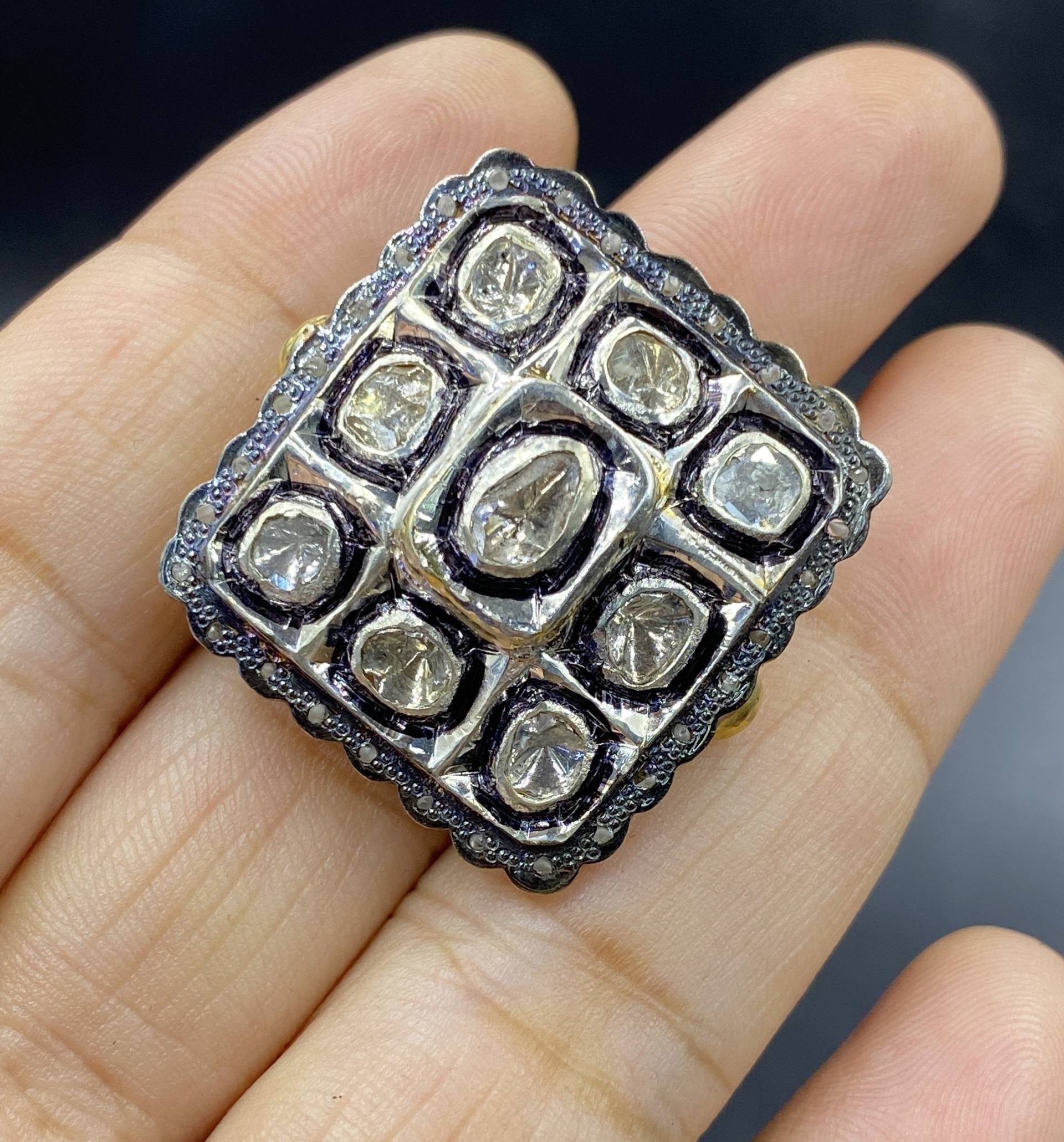 Natürlicher Rosenschliff Polki Diamant Ring 925 Silber Gold Vergoldet Handgemacht Vintage von Kabulemporium