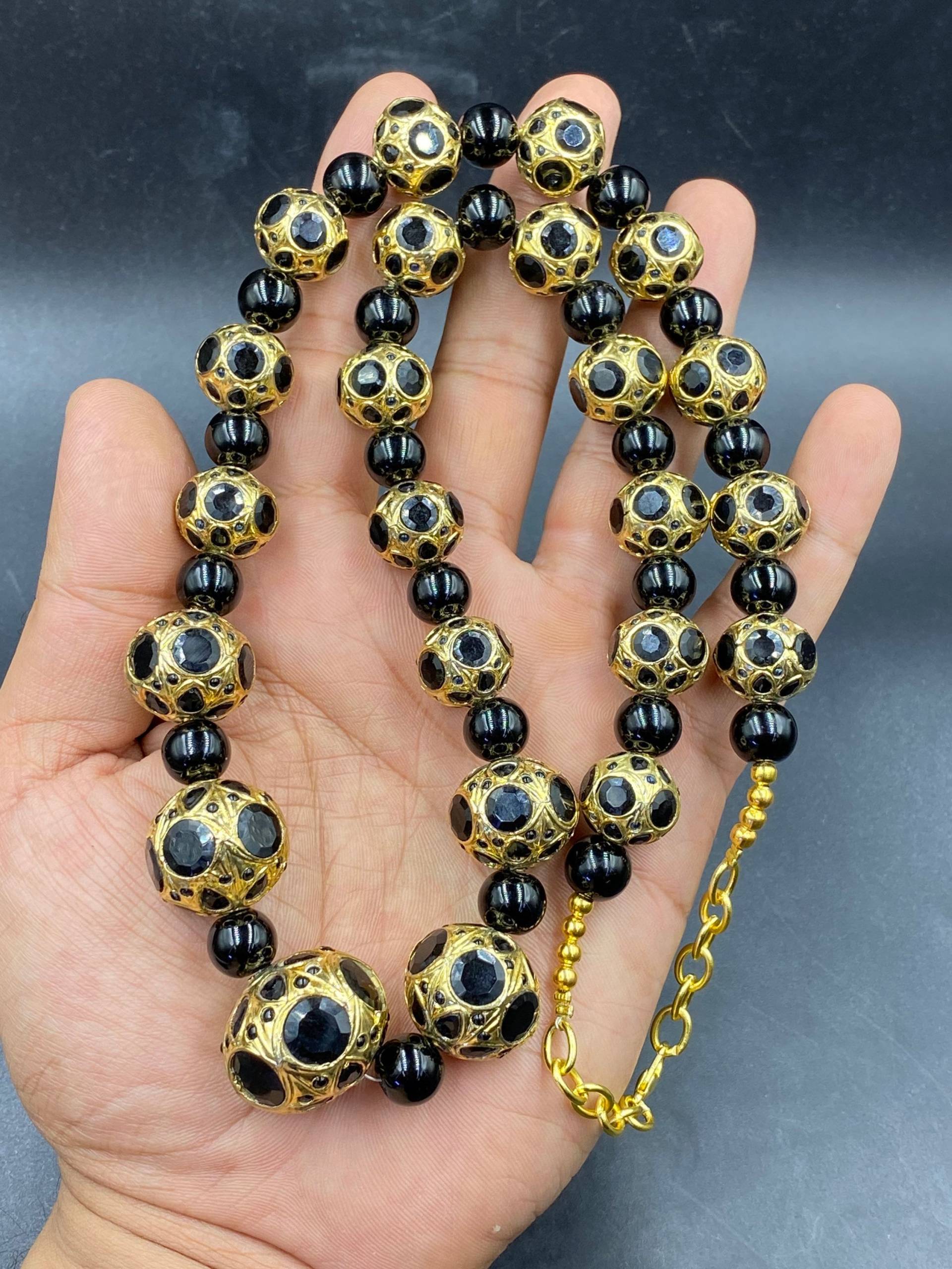 Sehr Schöne Alte Vintage Schwarze Onyx Perle Vergoldet Halskette Handgefertigt von Kabulemporium