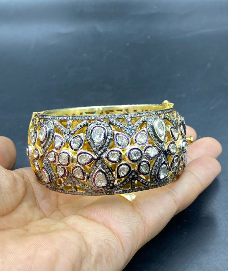 Selten Wunderschöner Rosenschliff Echter Polki Diamant Armreif Massiv Silber Vintage von Kabulemporium