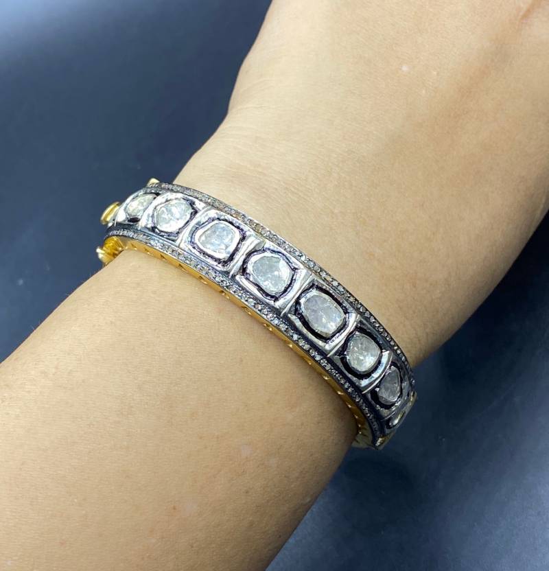 Wunderschöner Rosenschliff Natürlicher Diamant Polki Armreif Mit Massivem Silber Sterling Handarbeit Schmuck von Kabulemporium