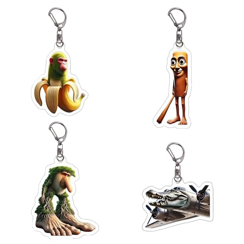 Kabwea 4 Stück Schlüsselanhänger, Tung Tung Tung Sahur, Brr Brr Patapim, Bombardiro Brocodilo, Shimpanzini Bananini, Schlüsselanhänger Lustig, Italian Brainrot von Kabwea