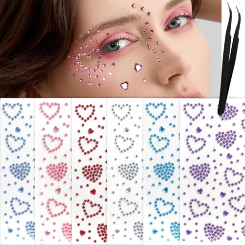 Kabwea 6 Bögen Gesichtsedelsteine, Selbstklebende Gesichtsjuwelen-Aufkleber, Gesichtstattoo Karneval, Glitzersteine Gesicht, Glitzer Gesicht von Kabwea